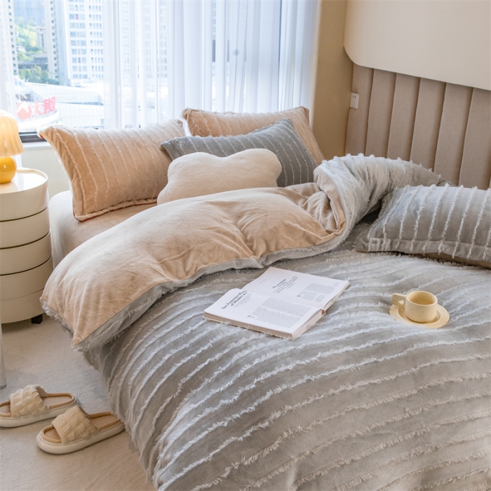 91家纺网 家纺一手货源 找家纺 骏腾 2022直播爆款纯色流苏牛奶绒四件套法莱宝宝绒 朵拉-灰咖