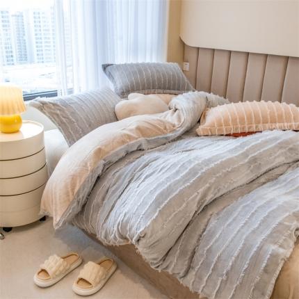 骏腾 2022直播爆款纯色流苏牛奶绒四件套法莱宝宝绒 朵拉-灰咖