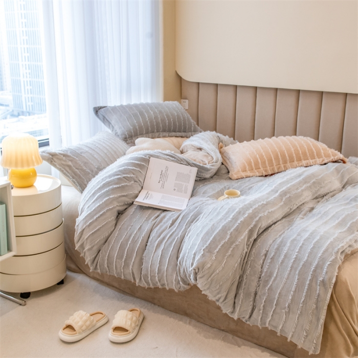 91家纺网 家纺一手货源 找家纺 骏腾 2022直播爆款纯色流苏牛奶绒四件套法莱宝宝绒 朵拉-灰咖