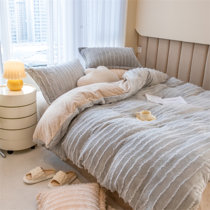 91家纺网 家纺一手货源 找家纺 骏腾 2022直播爆款纯色流苏牛奶绒四件套法莱宝宝绒 朵拉-灰咖