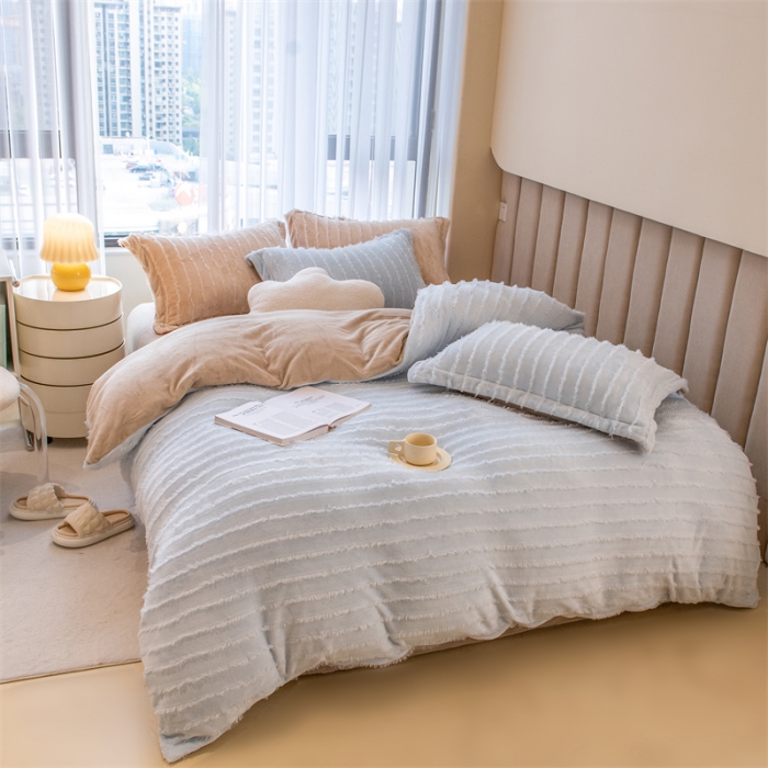 91家纺网 家纺一手货源 找家纺 骏腾 2022直播爆款纯色流苏牛奶绒四件套法莱宝宝绒 朵拉-蓝咖