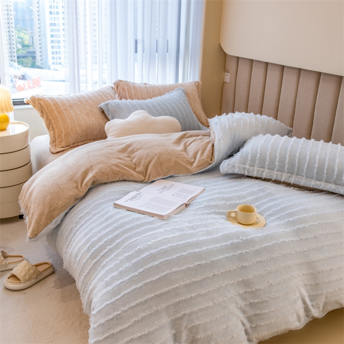 91家纺网 家纺一手货源 找家纺 骏腾 2022直播爆款纯色流苏牛奶绒四件套法莱宝宝绒 朵拉-蓝咖