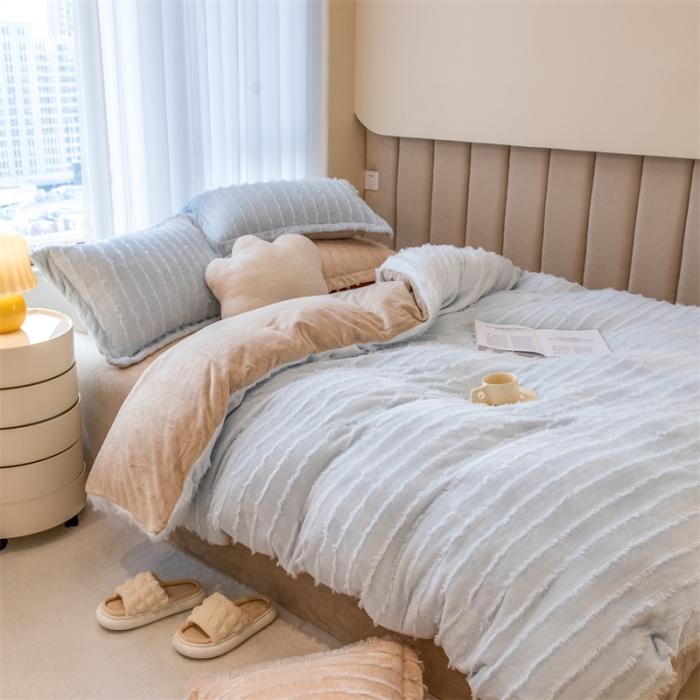 91家纺网 家纺一手货源 找家纺 骏腾 2022直播爆款纯色流苏牛奶绒四件套法莱宝宝绒 朵拉-蓝咖