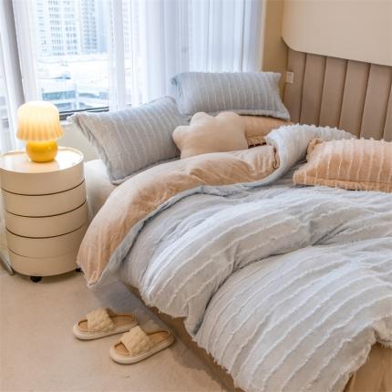 骏腾 2022直播爆款纯色流苏牛奶绒四件套法莱宝宝绒 朵拉-蓝咖