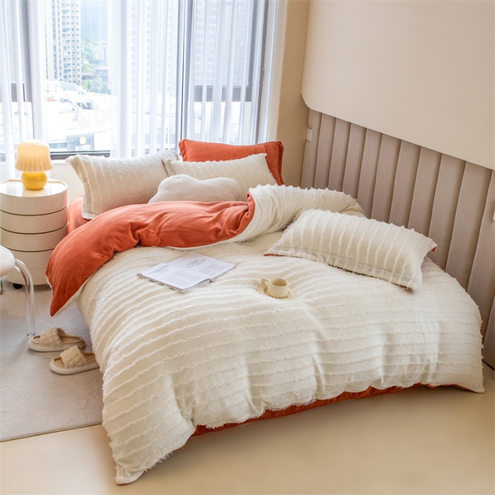 91家纺网 家纺一手货源 找家纺 骏腾 2022直播爆款纯色流苏牛奶绒四件套法莱宝宝绒 朵拉-奶白橙