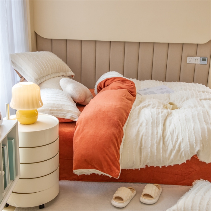 91家纺网 家纺一手货源 找家纺 骏腾 2022直播爆款纯色流苏牛奶绒四件套法莱宝宝绒 朵拉-奶白橙