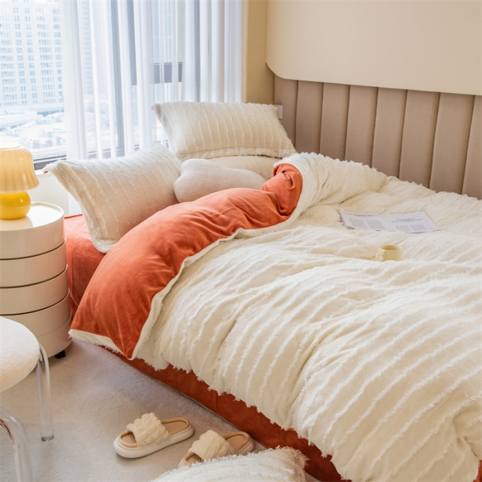 91家纺网 家纺一手货源 找家纺 骏腾 2022直播爆款纯色流苏牛奶绒四件套法莱宝宝绒 朵拉-奶白橙