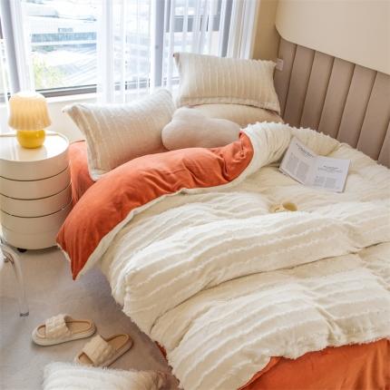 骏腾 2022直播爆款纯色流苏牛奶绒四件套法莱宝宝绒 朵拉-奶白橙