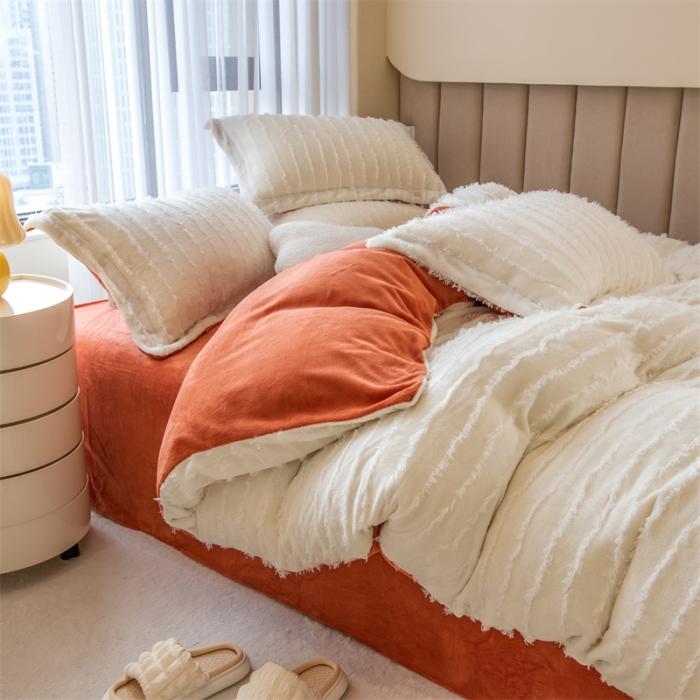 91家纺网 家纺一手货源 找家纺 骏腾 2022直播爆款纯色流苏牛奶绒四件套法莱宝宝绒 朵拉-奶白橙