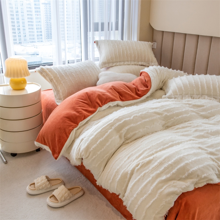 91家纺网 家纺一手货源 找家纺 骏腾 2022直播爆款纯色流苏牛奶绒四件套法莱宝宝绒 朵拉-奶白橙