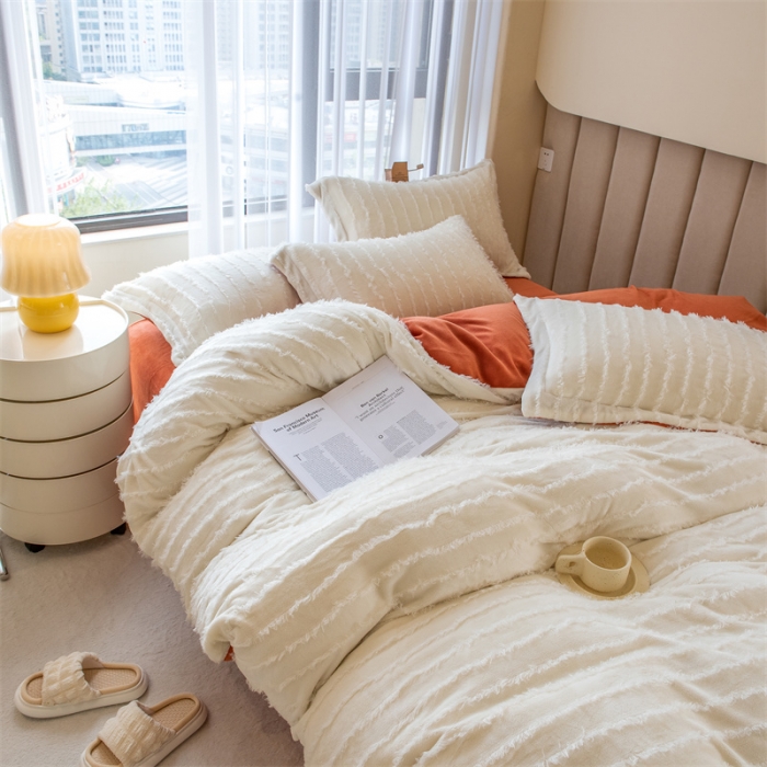 91家纺网 家纺一手货源 找家纺 骏腾 2022直播爆款纯色流苏牛奶绒四件套法莱宝宝绒 朵拉-奶白橙