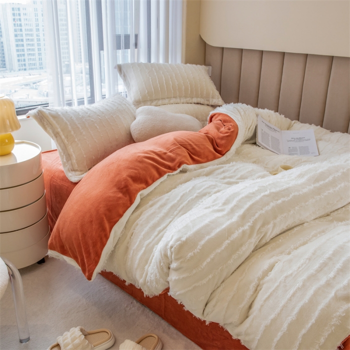 91家纺网 家纺一手货源 找家纺 骏腾 2022直播爆款纯色流苏牛奶绒四件套法莱宝宝绒 朵拉-奶白橙