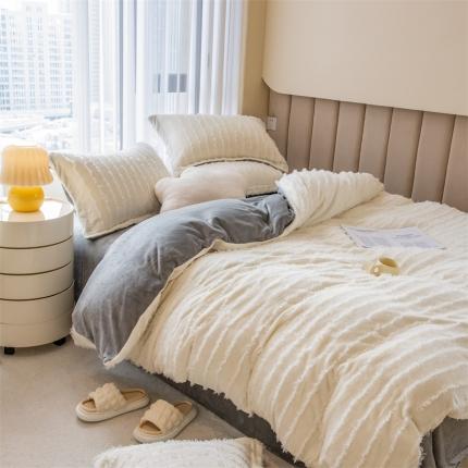 骏腾 2022直播爆款纯色流苏牛奶绒四件套法莱宝宝绒 朵拉-奶白灰