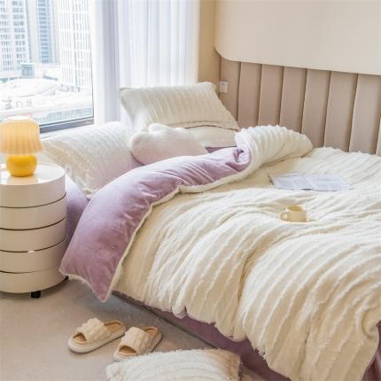 骏腾 2022直播爆款纯色流苏牛奶绒四件套法莱宝宝绒 朵拉-奶白芋紫