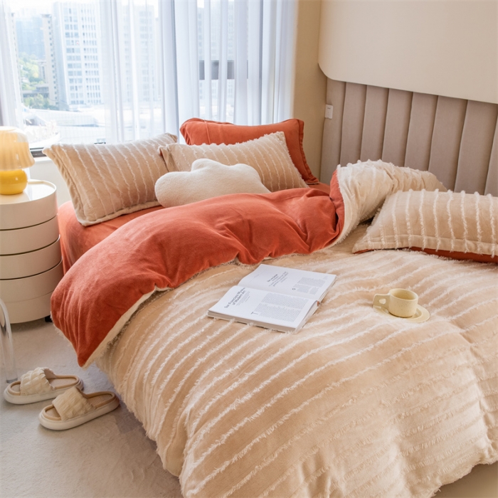 91家纺网 家纺一手货源 找家纺 骏腾 2022直播爆款纯色流苏牛奶绒四件套法莱宝宝绒 朵拉-奶咖橙