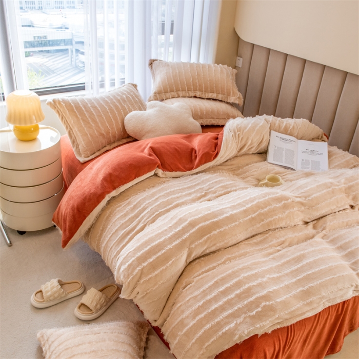 91家纺网 家纺一手货源 找家纺 骏腾 2022直播爆款纯色流苏牛奶绒四件套法莱宝宝绒 朵拉-奶咖橙