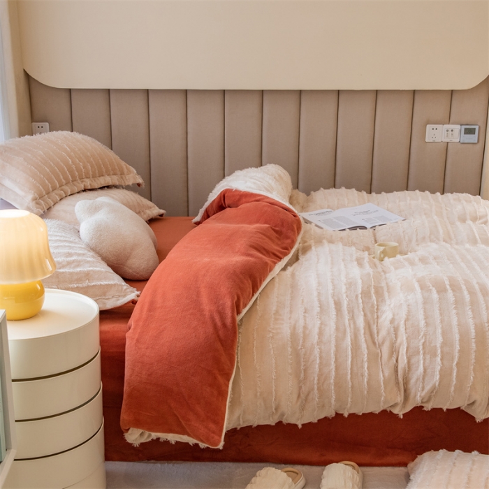 91家纺网 家纺一手货源 找家纺 骏腾 2022直播爆款纯色流苏牛奶绒四件套法莱宝宝绒 朵拉-奶咖橙