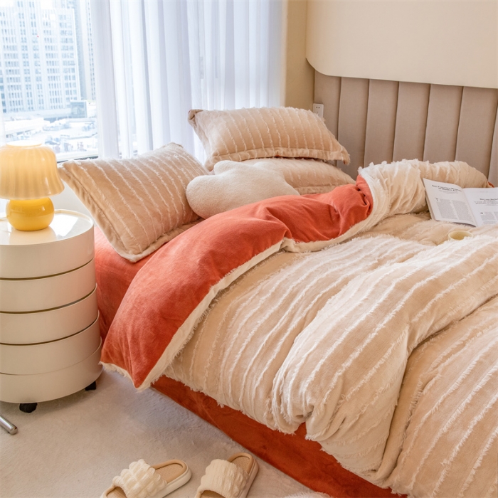 91家纺网 家纺一手货源 找家纺 骏腾 2022直播爆款纯色流苏牛奶绒四件套法莱宝宝绒 朵拉-奶咖橙