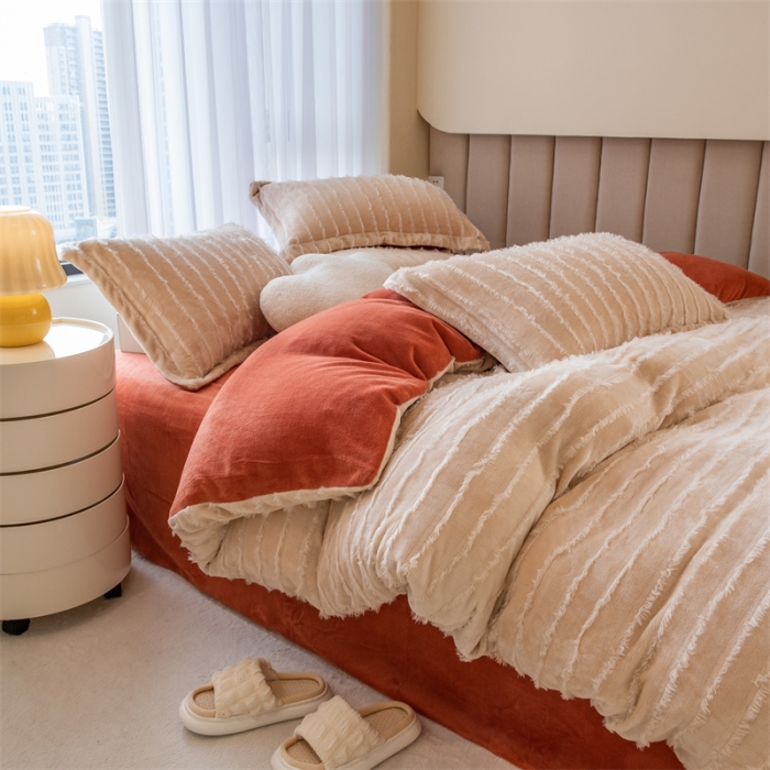 91家纺网 家纺一手货源 找家纺 骏腾 2022直播爆款纯色流苏牛奶绒四件套法莱宝宝绒 朵拉-奶咖橙