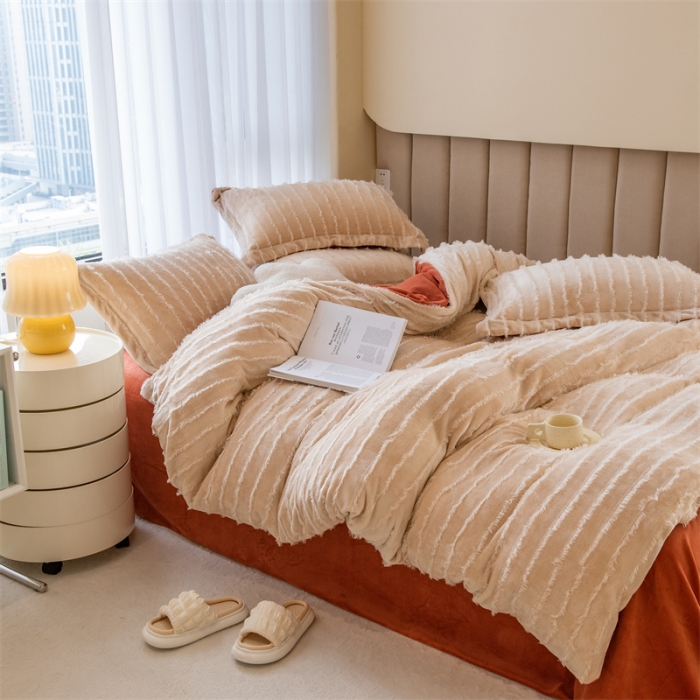 91家纺网 家纺一手货源 找家纺 骏腾 2022直播爆款纯色流苏牛奶绒四件套法莱宝宝绒 朵拉-奶咖橙