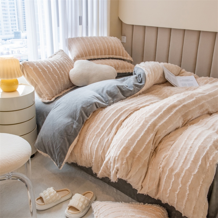 91家纺网 家纺一手货源 找家纺 骏腾 2022直播爆款纯色流苏牛奶绒四件套法莱宝宝绒 朵拉-奶咖灰