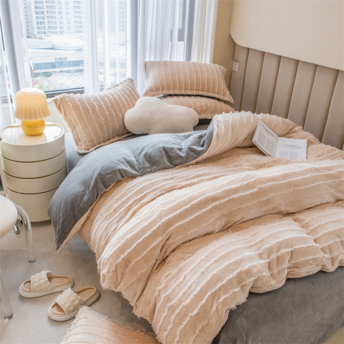 91家纺网 家纺一手货源 找家纺 骏腾 2022直播爆款纯色流苏牛奶绒四件套法莱宝宝绒 朵拉-奶咖灰