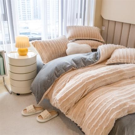 骏腾 2022直播爆款纯色流苏牛奶绒四件套法莱宝宝绒 朵拉-奶咖灰