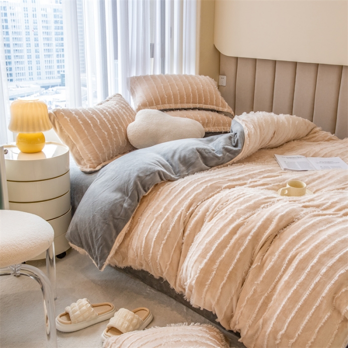 91家纺网 家纺一手货源 找家纺 骏腾 2022直播爆款纯色流苏牛奶绒四件套法莱宝宝绒 朵拉-奶咖灰