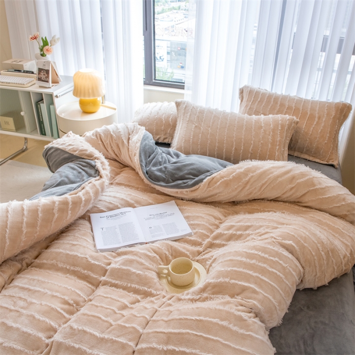 91家纺网 家纺一手货源 找家纺 骏腾 2022直播爆款纯色流苏牛奶绒四件套法莱宝宝绒 朵拉-奶咖灰