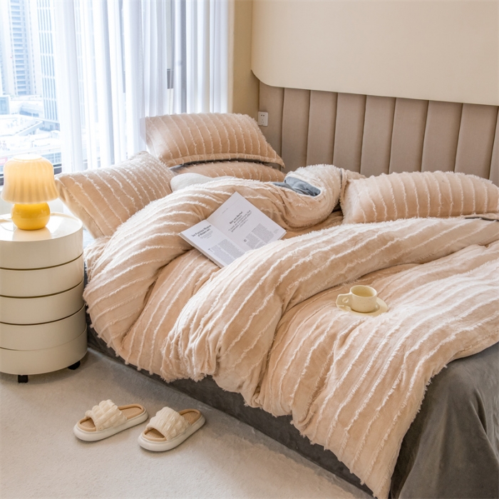 91家纺网 家纺一手货源 找家纺 骏腾 2022直播爆款纯色流苏牛奶绒四件套法莱宝宝绒 朵拉-奶咖灰