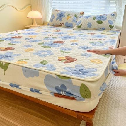 沐慕 2022牛奶绒夹棉床笠 蓝花小熊