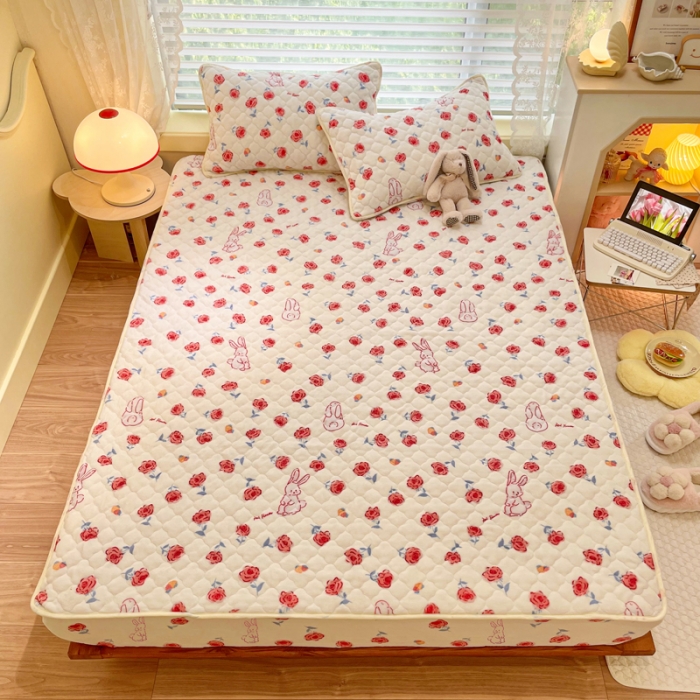 91家纺网 家纺一手货源 找家纺 沐慕 2022牛奶绒夹棉床笠 玫瑰小兔