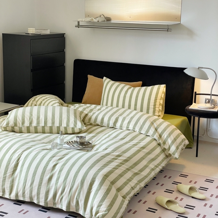 91家纺网 家纺一手货源 找家纺 （总）梦享生活 2022新款色织全棉水洗棉四件套-绿条纹