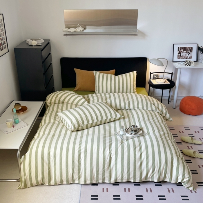 91家纺网 家纺一手货源 找家纺 （总）梦享生活 2022新款色织全棉水洗棉四件套-绿条纹