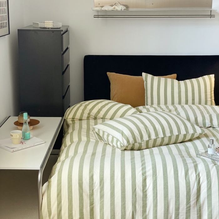 91家纺网 家纺一手货源 找家纺 （总）梦享生活 2022新款色织全棉水洗棉四件套-绿条纹