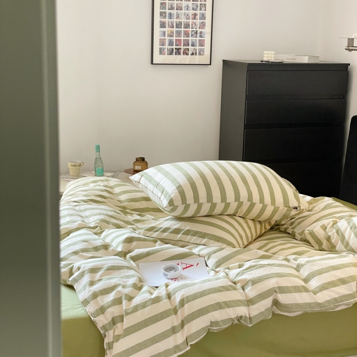 91家纺网 家纺一手货源 找家纺 （总）梦享生活 2022新款色织全棉水洗棉四件套-绿条纹