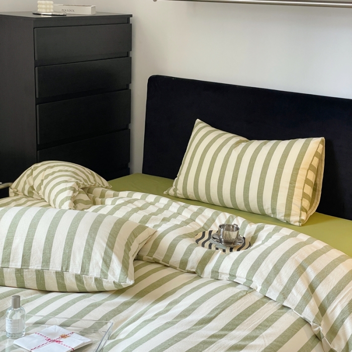 91家纺网 家纺一手货源 找家纺 （总）梦享生活 2022新款色织全棉水洗棉四件套-绿条纹