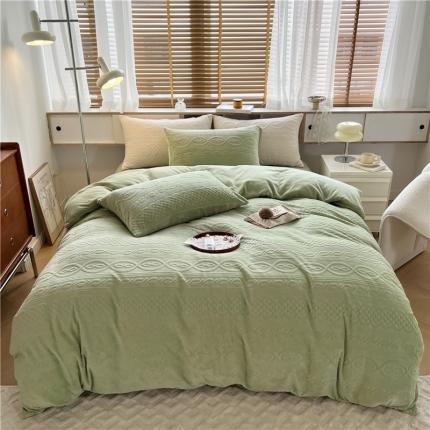 N先生2022新款高克重雕花绒牛奶绒四件套 丽莎-绿