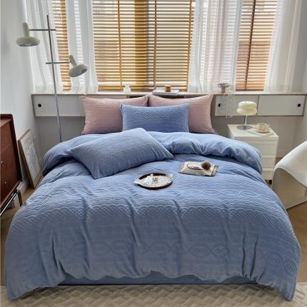 N先生2022新款高克重雕花绒牛奶绒四件套 丽莎-蓝