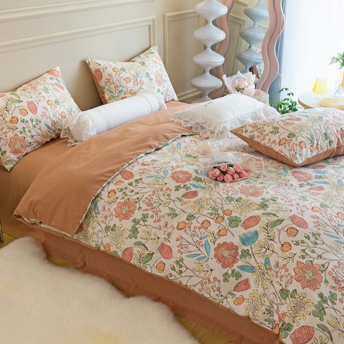 91家纺网 家纺一手货源 找家纺 千朵 2022新款活性生态纯棉磨毛印花四件套 浅尝春色