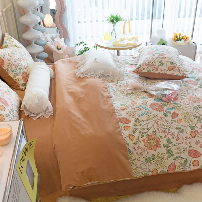 91家纺网 家纺一手货源 找家纺 千朵 2022新款活性生态纯棉磨毛印花四件套 浅尝春色