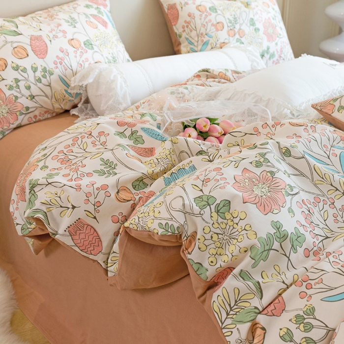 91家纺网 家纺一手货源 找家纺 千朵 2022新款活性生态纯棉磨毛印花四件套 浅尝春色