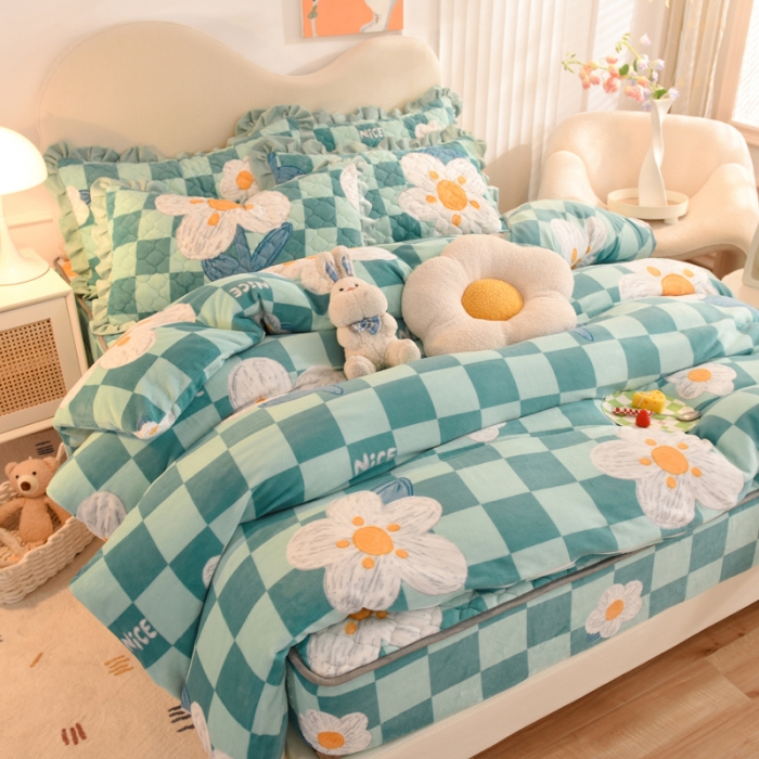 91家纺网 家纺一手货源 找家纺 美达新款牛奶绒印花床笠款四件套（床笠高度30cm） 淡雅花香