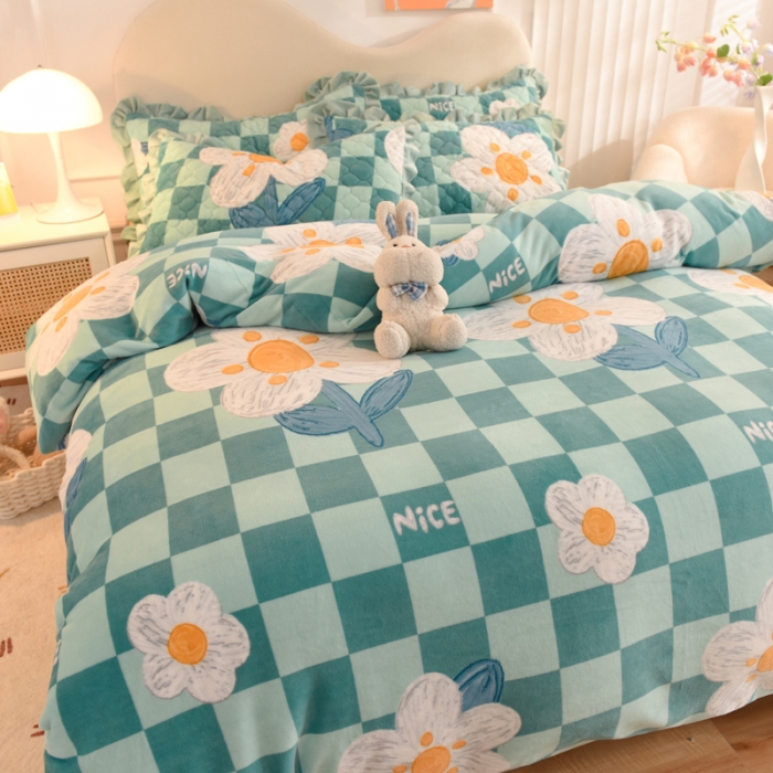 91家纺网 家纺一手货源 找家纺 美达新款牛奶绒印花床笠款四件套（床笠高度30cm） 淡雅花香