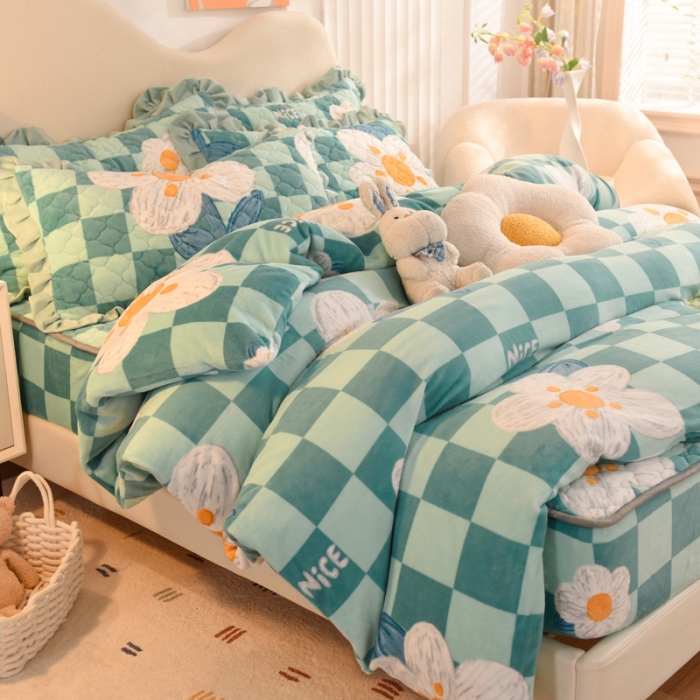 91家纺网 家纺一手货源 找家纺 美达新款牛奶绒印花床笠款四件套（床笠高度30cm） 淡雅花香