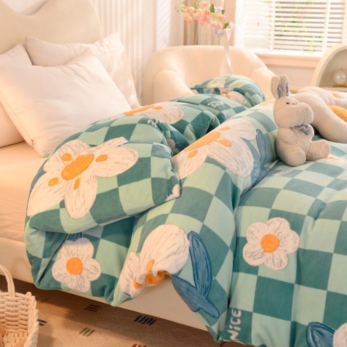 91家纺网 家纺一手货源 找家纺 美达新款牛奶绒印花床笠款四件套（床笠高度30cm） 淡雅花香