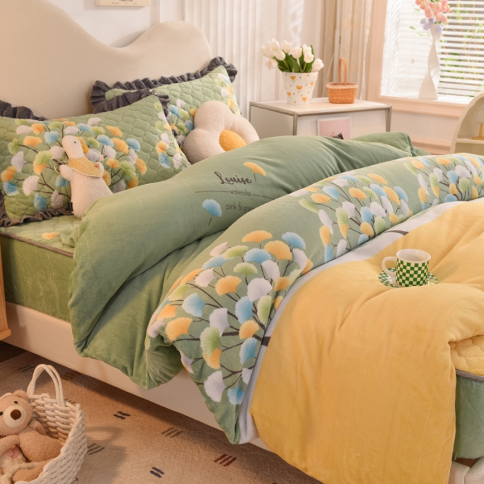 91家纺网 家纺一手货源 找家纺 美达新款牛奶绒印花床笠款四件套（床笠高度30cm） 梦幻银杏