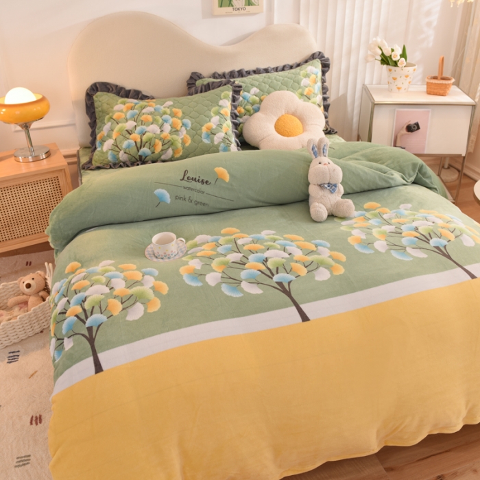 91家纺网 家纺一手货源 找家纺 美达新款牛奶绒印花床笠款四件套（床笠高度30cm） 梦幻银杏