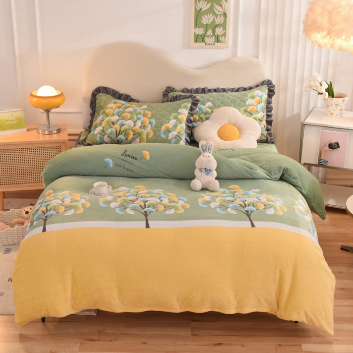 91家纺网 家纺一手货源 找家纺 美达新款牛奶绒印花床笠款四件套（床笠高度30cm） 梦幻银杏