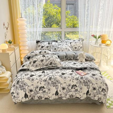 91家纺网 家纺一手货源 找家纺 2022新款爆款慕尚高克重田园风印花牛奶绒四件套 丽莎